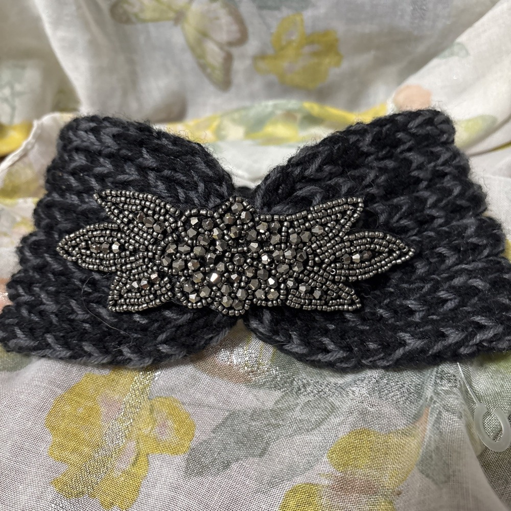 Crocheted Yarn Hair Band Black And Gray with Jeweled Accent